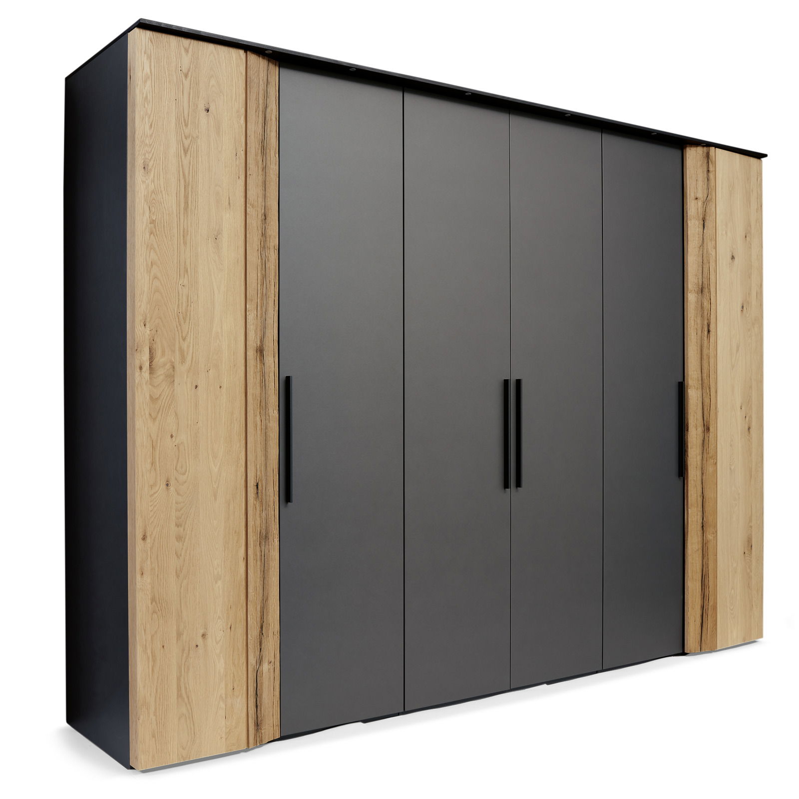 Moderner Kleiderschrank mit dunklen Türen und Holzseiten, seitliche Perspektive