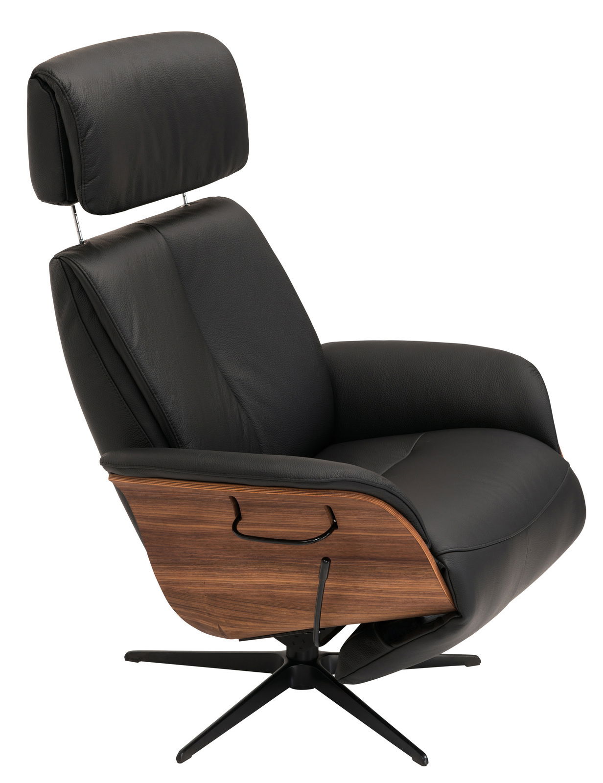 Schwarzer Relaxsessel mit Holzverkleidung und verstellbarer Kopfstütze, seitliche Perspektive