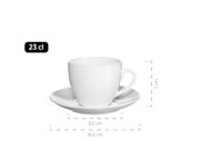 Weiße Porzellan-Kaffeetasse mit Untertasse, Fassungsvermögen 23 cl, Maße ca. 7 cm hoch und 8,5 cm Durchmesser, Untertasse ca. 14,5 cm, Frontansicht leicht seitlich mit Henkel rechts