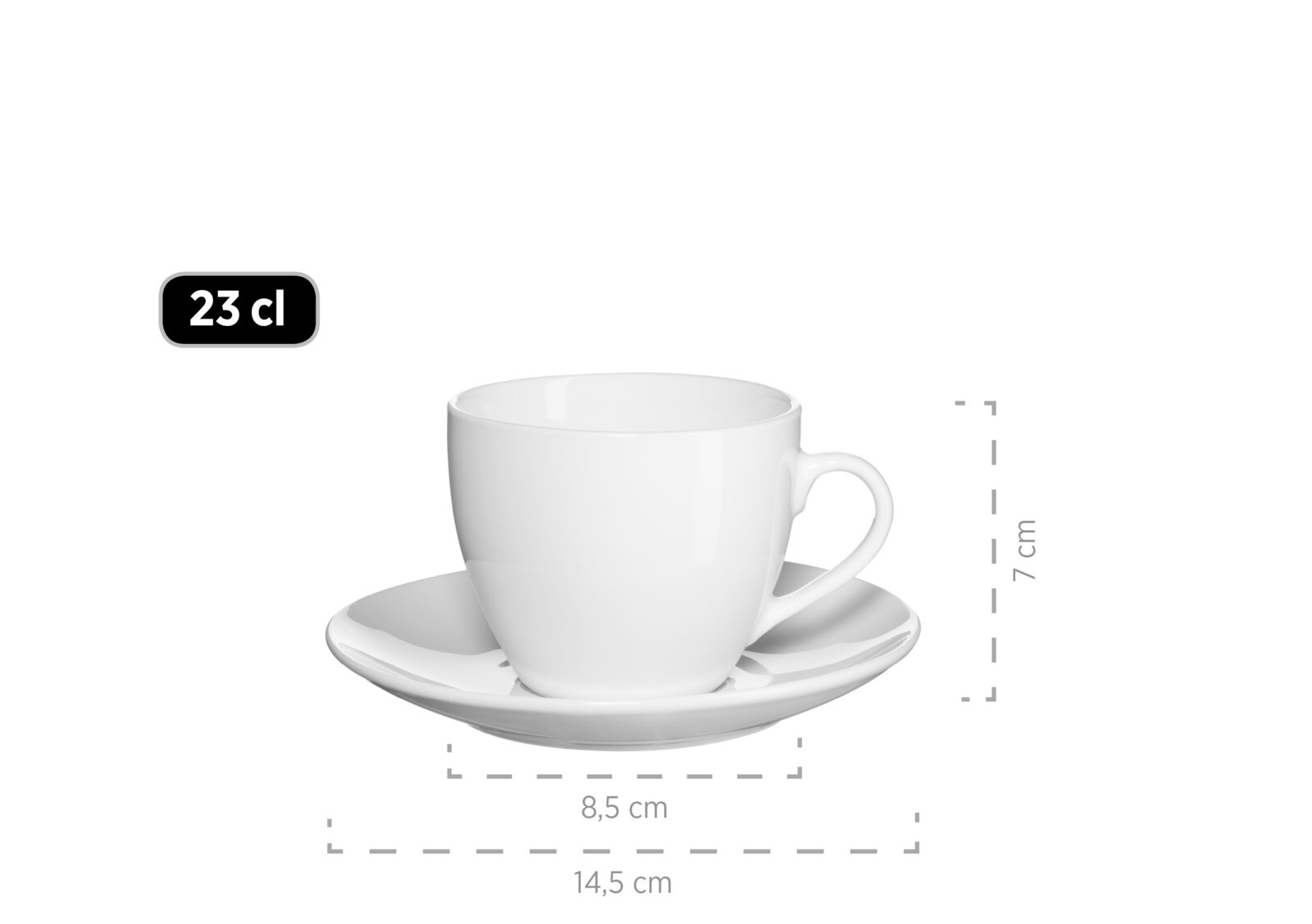 Weiße Porzellan-Kaffeetasse mit Untertasse, Fassungsvermögen 23 cl, Maße ca. 7 cm hoch und 8,5 cm Durchmesser, Untertasse ca. 14,5 cm, Frontansicht leicht seitlich mit Henkel rechts