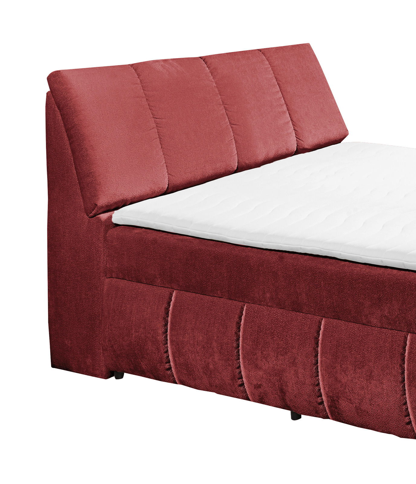 Rotes Boxspringbett mit gepolstertem Kopfteil, seitliche Perspektive