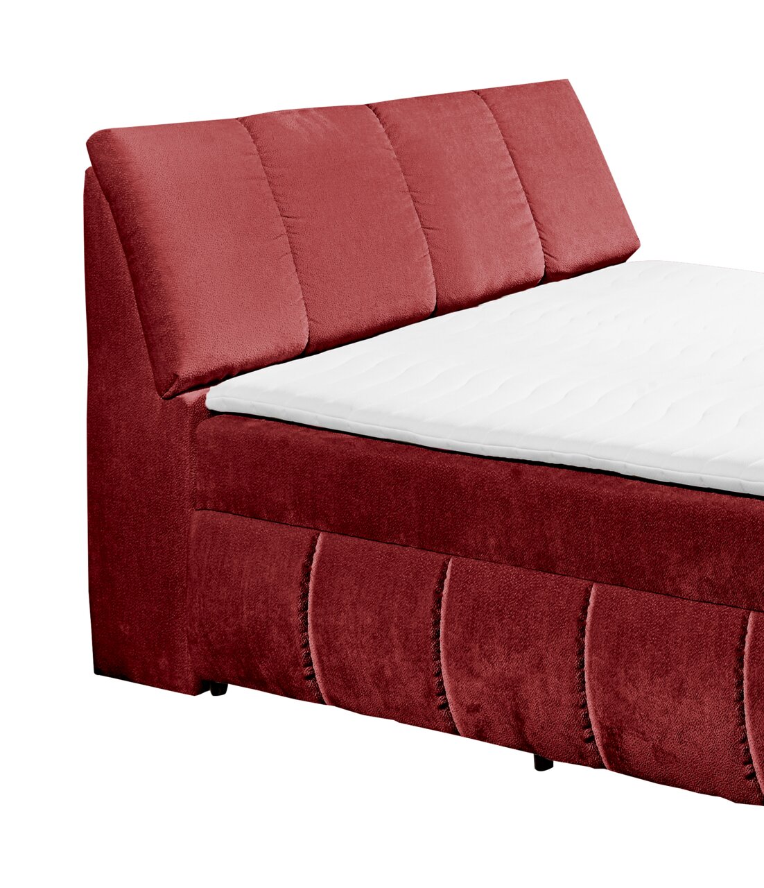 Rotes Boxspringbett mit gepolstertem Kopfteil, seitliche Perspektive