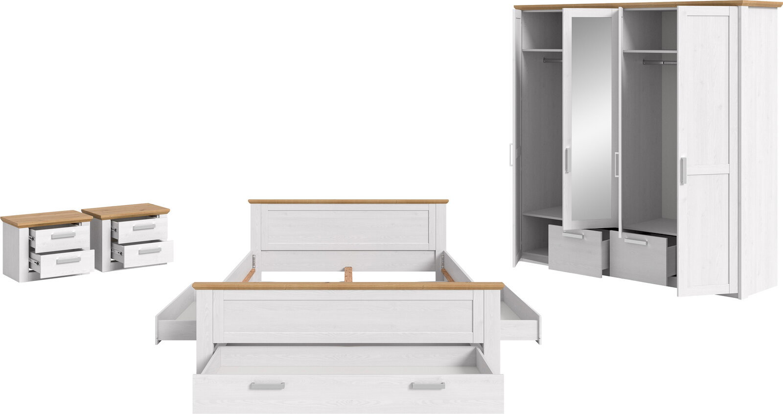 Schlafzimmermöbel-Set in Weiß mit Holzoptik-Absetzungen, bestehend aus Bettgestell mit Schublade und zwei Nachttischen mit Schubladen sowie Kleiderschrank mit Spiegeltür und Schubladen, dargestellt in Frontansicht
