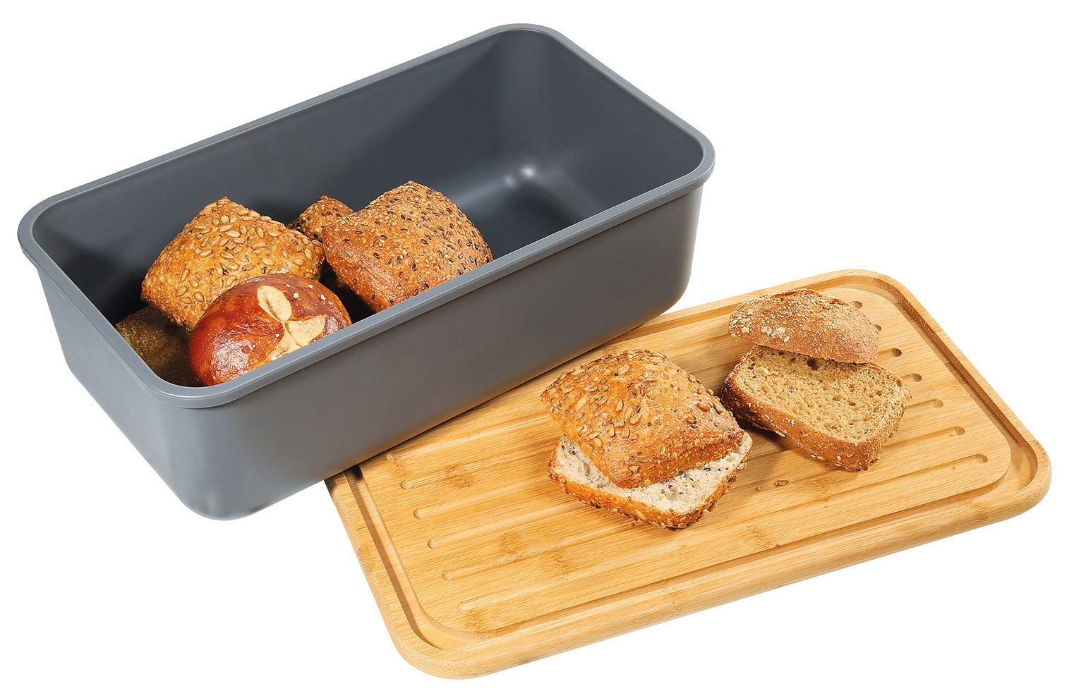 Grauer Brotkasten LOFT 40x23cm mit geöffnetem Deckel, gefüllt mit verschiedenen Brötchen, aus der Vogelperspektive