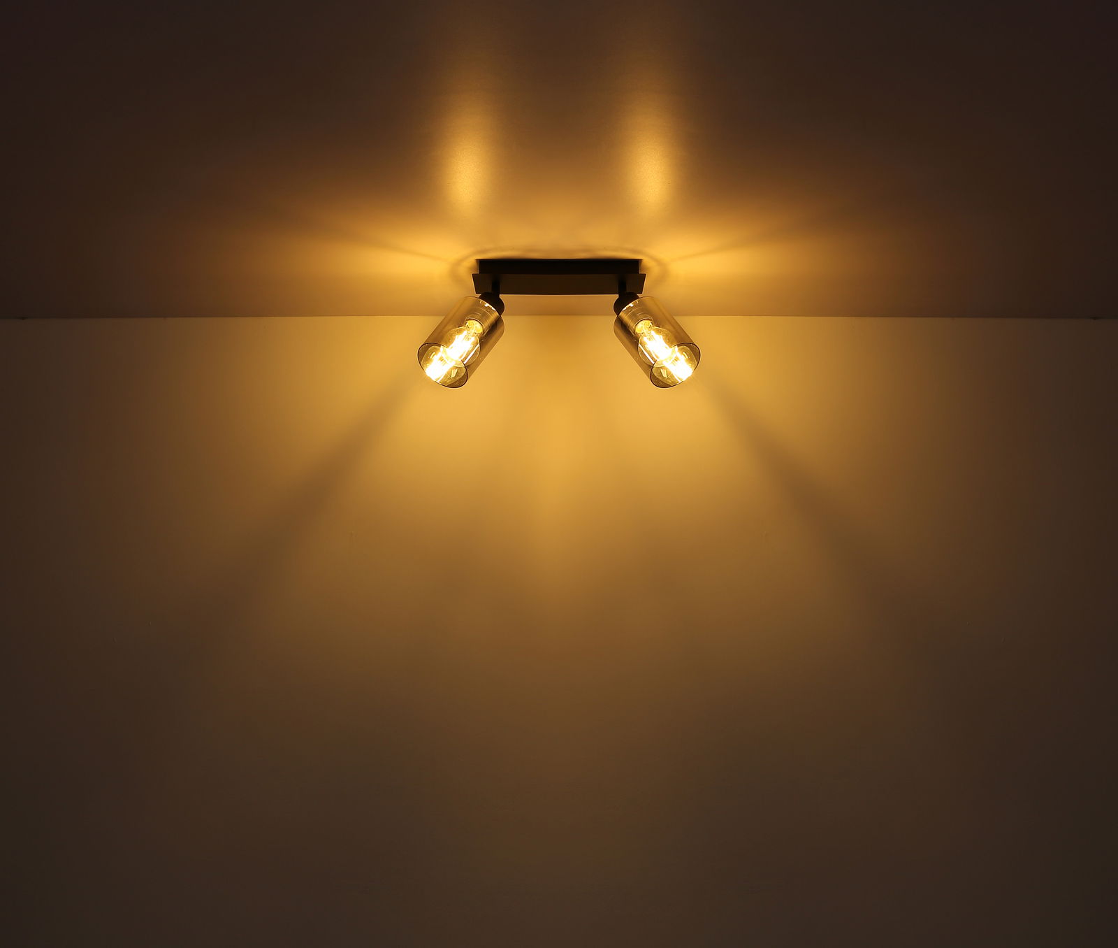 Zweiflammiger Strahler aus schwarzem Metall, montiert an der Decke, mit warmem Lichtschein, seitliche Perspektive.