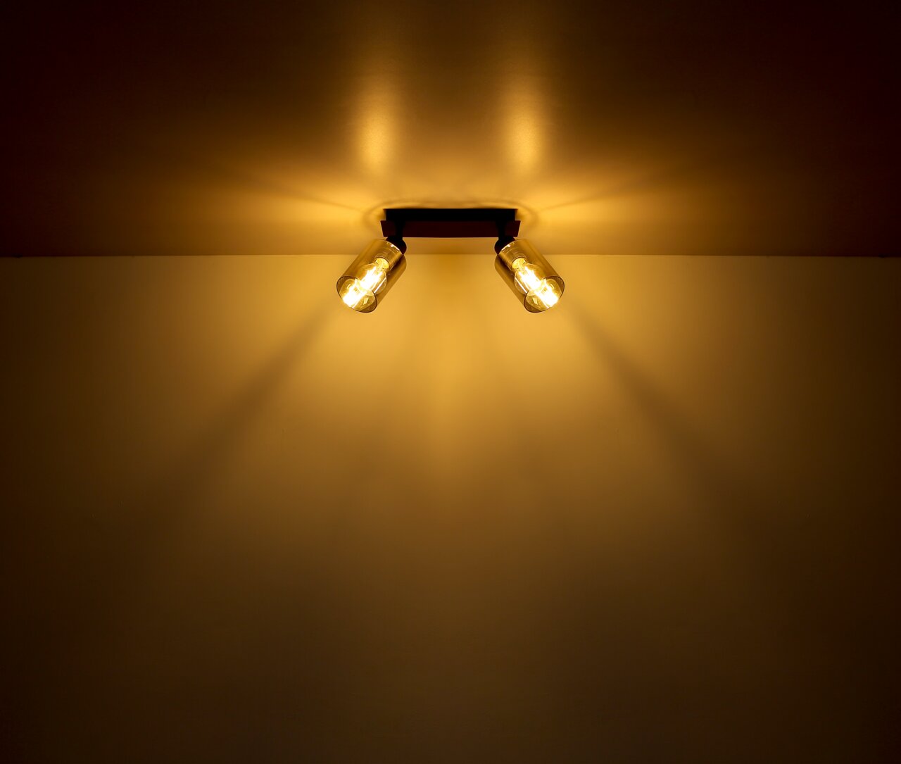 Zweiflammiger Strahler aus schwarzem Metall, montiert an der Decke, mit warmem Lichtschein, seitliche Perspektive.