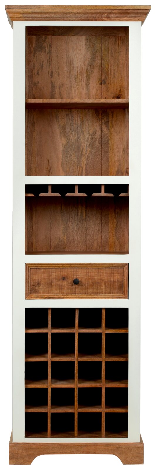 Houten barkast met planken, lade en wijnrek, vooraanzicht