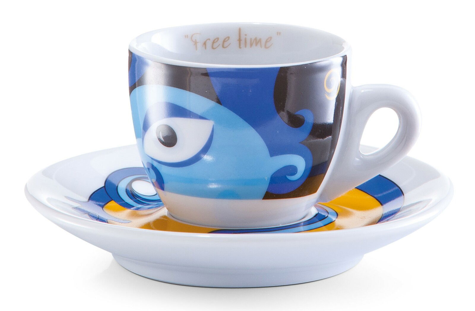 Espresso-Tasse mit buntem Magic Eyes Design, seitliche Perspektive