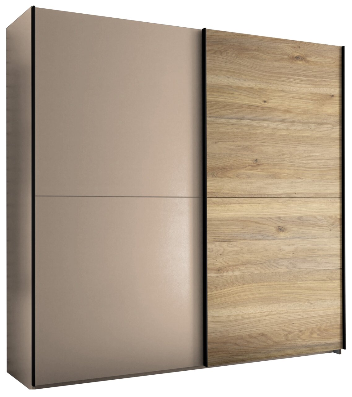 Moderner Kleiderschrank mit zwei Schiebetüren, links matte taupefarbene Front, rechts Holzoptik mit Maserung und schwarzen Rahmenleisten, freigestellt auf weißem Hintergrund, Ansicht schräg von vorn