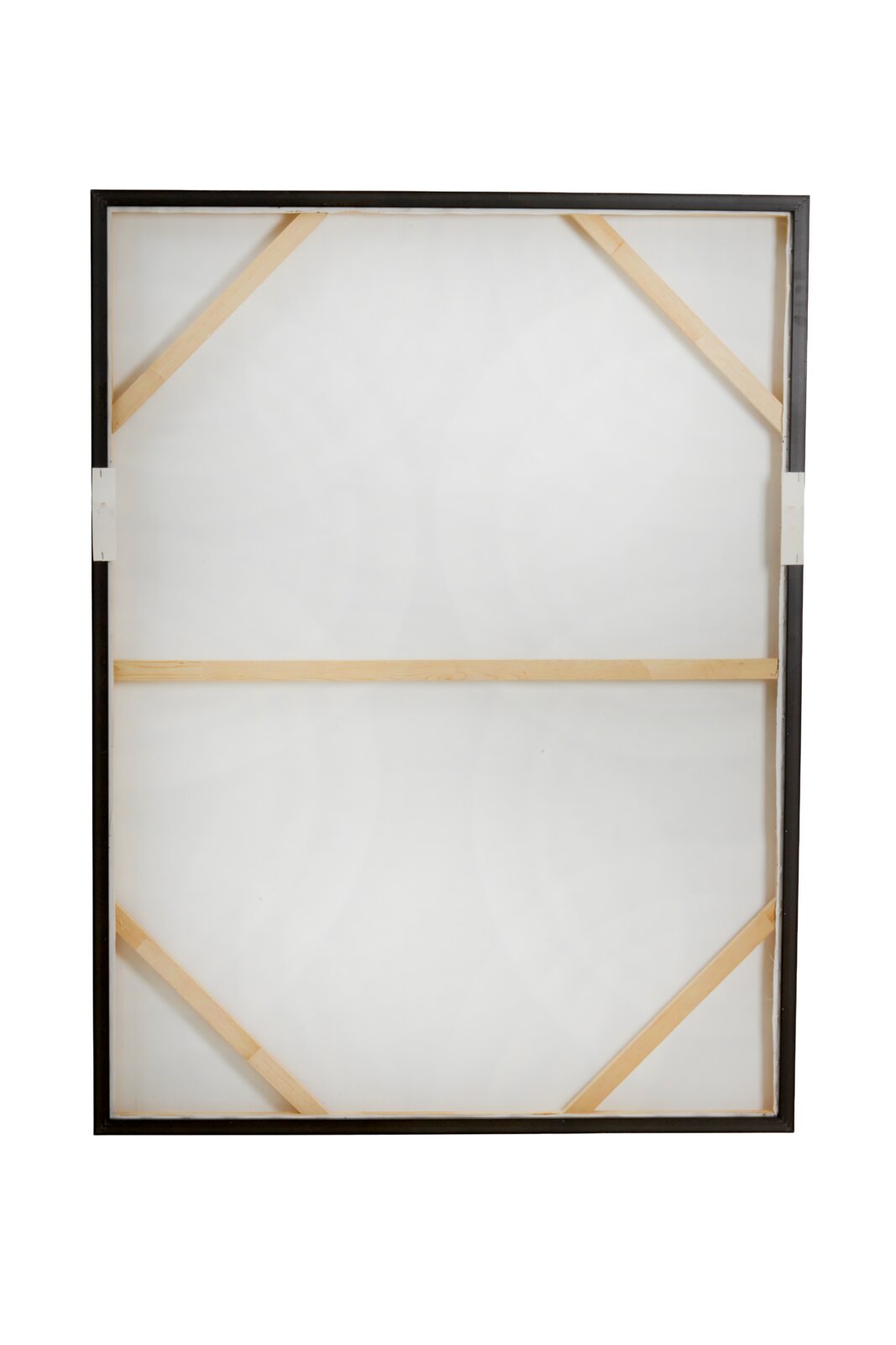 Rückansicht eines hochformatigen, schwarz gerahmten Leinwandbildes mit hellem Holzrahmen und diagonalen sowie horizontalen Verstärkungsstreben.