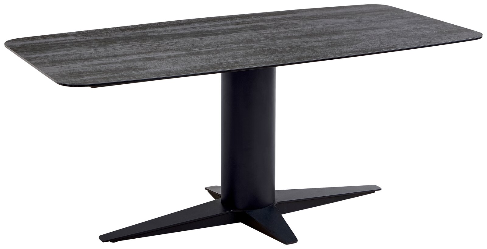 Moderner Esstisch mit rechteckiger, dunkler Tischplatte und zentralem, schwarzem Standfuß, seitliche Perspektive