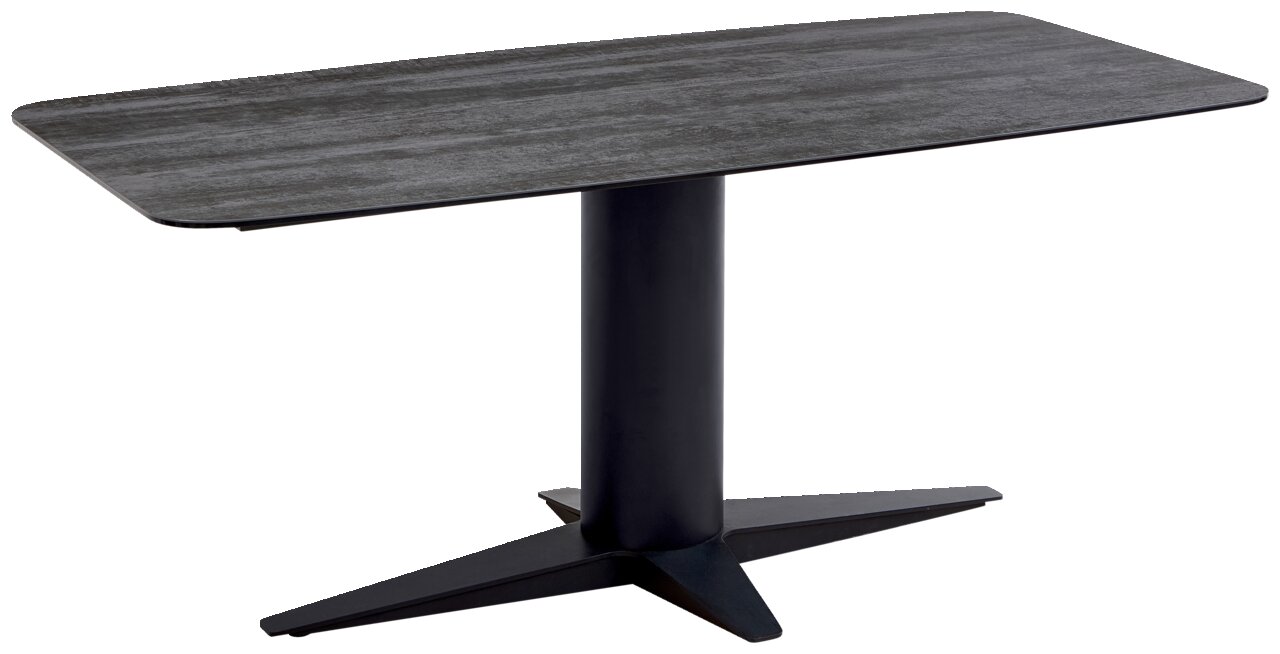 Moderner Esstisch mit rechteckiger, dunkler Tischplatte und zentralem, schwarzem Standfuß, seitliche Perspektive
