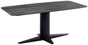Moderner Esstisch mit rechteckiger, dunkler Tischplatte und zentralem, schwarzem Standfuß, seitliche Perspektive