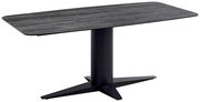 Moderner Esstisch mit rechteckiger, dunkler Tischplatte und zentralem, schwarzem Standfuß, seitliche Perspektive