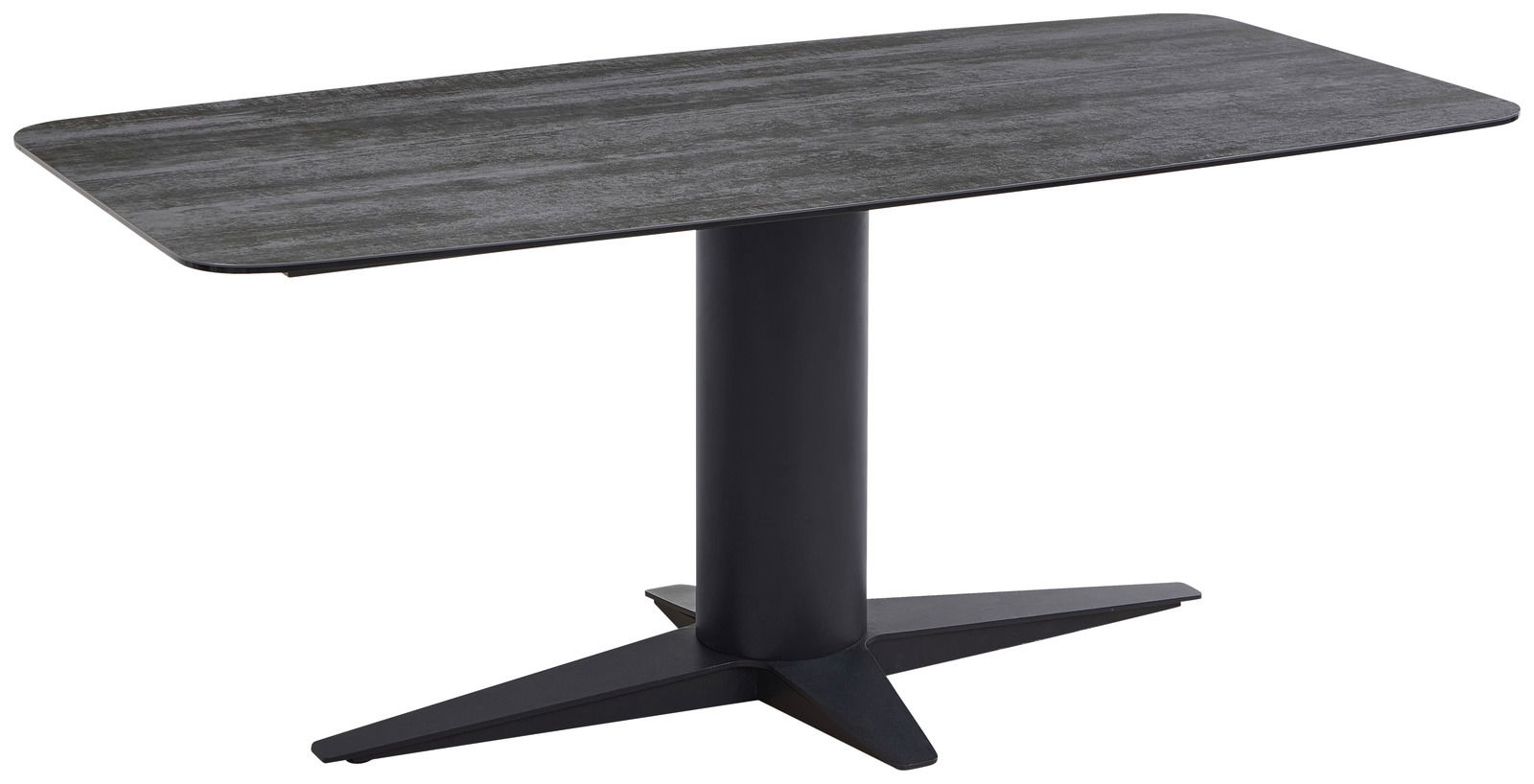 Moderner Esstisch mit rechteckiger, dunkler Tischplatte und zentralem, schwarzem Standfuß, seitliche Perspektive
