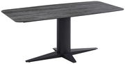 Moderner Esstisch mit rechteckiger, dunkler Tischplatte und zentralem, schwarzem Standfuß, seitliche Perspektive