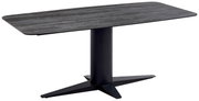 Moderne eettafel met een rechthoekig, donker tafelblad en een centrale, zwarte voet, gezien vanaf de zijkant