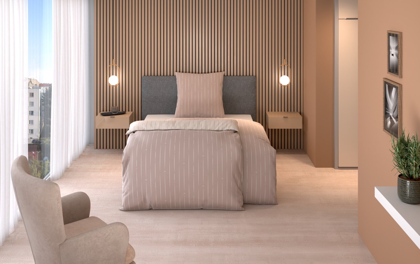 Dieter Knoll Omkeerbaar beddengoed Schlafzimmer mit Wendebettwäsche in sanften Beige- und Grautönen, frontal aufgenommen. Modernes Design mit Holzvertäfelung und stilvollen Nachttischlampen.