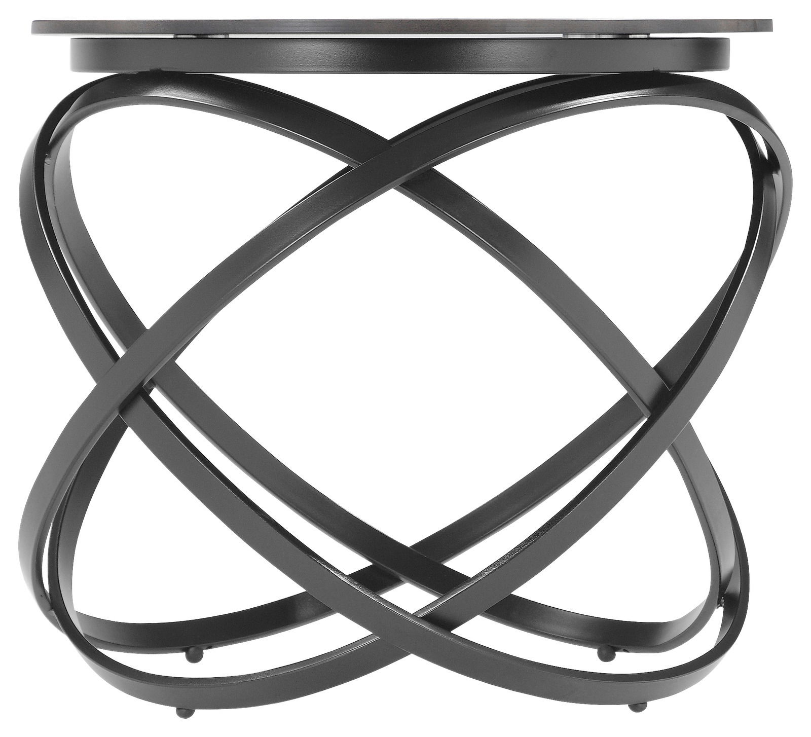 Moderner Beistelltisch mit schwarzem, verschlungenem Metallgestell, seitliche Perspektive
