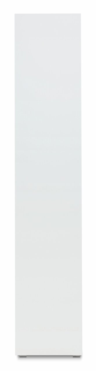 Vooraanzicht van een witte vitrinekast met een strak ontwerp.
