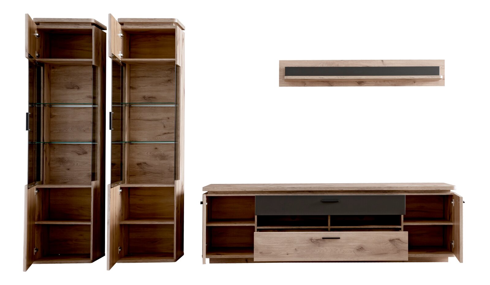 Zurbrüggen Wandcombinatie MODENA Woonkamermeubelset in eikenlook met twee hoge vitrinekasten met glazen legplanken, een lowboard met lade en open vakken en een wandplank; vooraanzicht, deuren en lades geopend