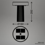 Technische Zeichnung eines runden schwarzen Produkts mit Maßeinblendung (Höhe 200 mm, Durchmesser Ø160 mm), oben Frontansicht und unten Draufsicht von oben mit vier rechteckigen Segmenten und mittigem Symbol; Perspektive: Frontansicht und Draufsicht.