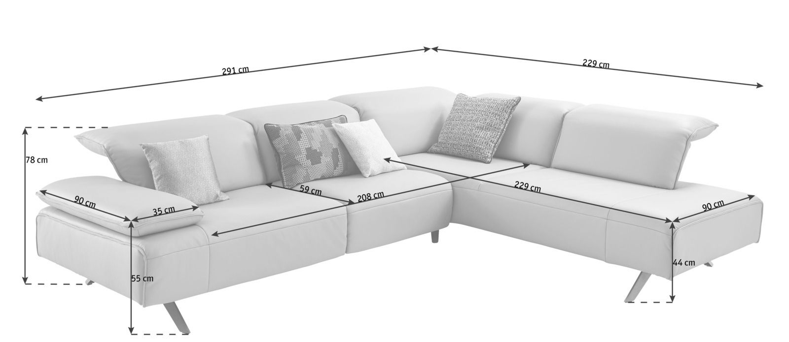 Eckgarnitur in Weiß mit Kissen, seitliche Perspektive, Maße angegeben
