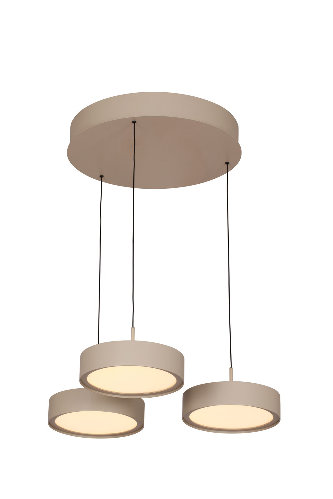 Moderne LED-Hängeleuchte mit drei runden, beige-farbenen Leuchtkörpern, von unten betrachtet.