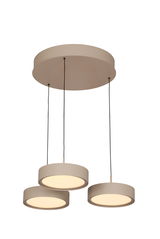 Moderne LED-Hängeleuchte mit drei runden, beige-farbenen Leuchtkörpern, von unten betrachtet.