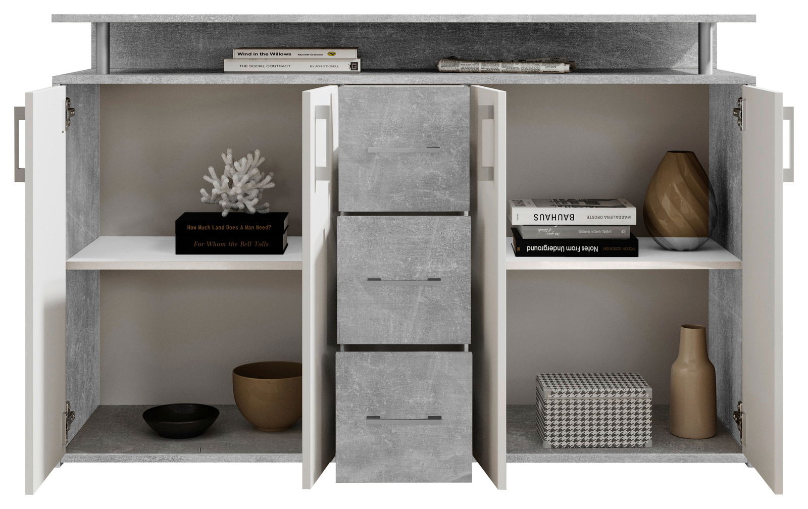 Geöffnetes Sideboard mit grauer Oberfläche, zwei Türen und drei Schubladen in der Mitte, dekoriert mit Büchern, Vasen und einer Koralle, Frontalansicht.