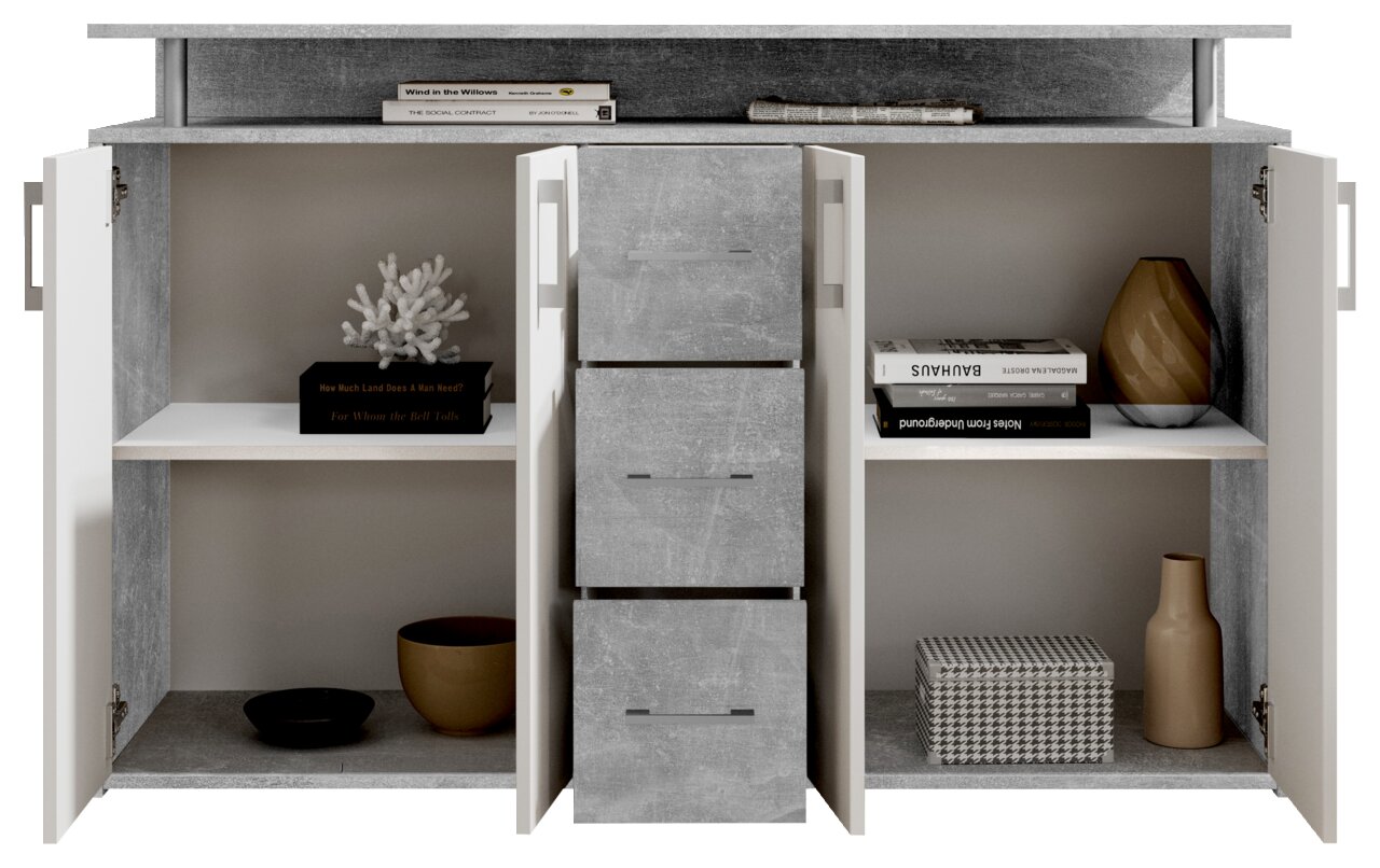 Geöffnetes Sideboard mit grauer Oberfläche, zwei Türen und drei Schubladen in der Mitte, dekoriert mit Büchern, Vasen und einer Koralle, Frontalansicht.