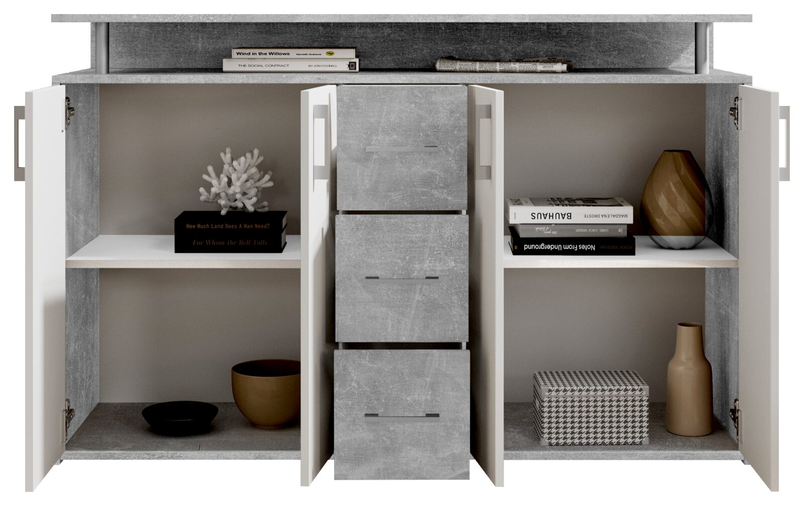 Geöffnetes Sideboard mit grauer Oberfläche, zwei Türen und drei Schubladen in der Mitte, dekoriert mit Büchern, Vasen und einer Koralle, Frontalansicht.
