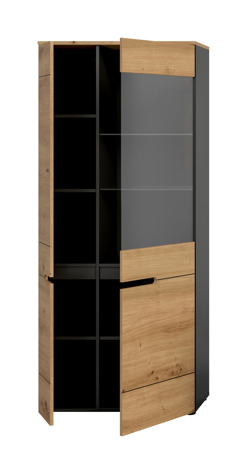 Hoher zweitüriger Schrank in Holzoptik mit anthrazitfarbenen Seiten, eine Tür geöffnet und Innenfächer sichtbar, freigestellt in schräger Frontansicht.