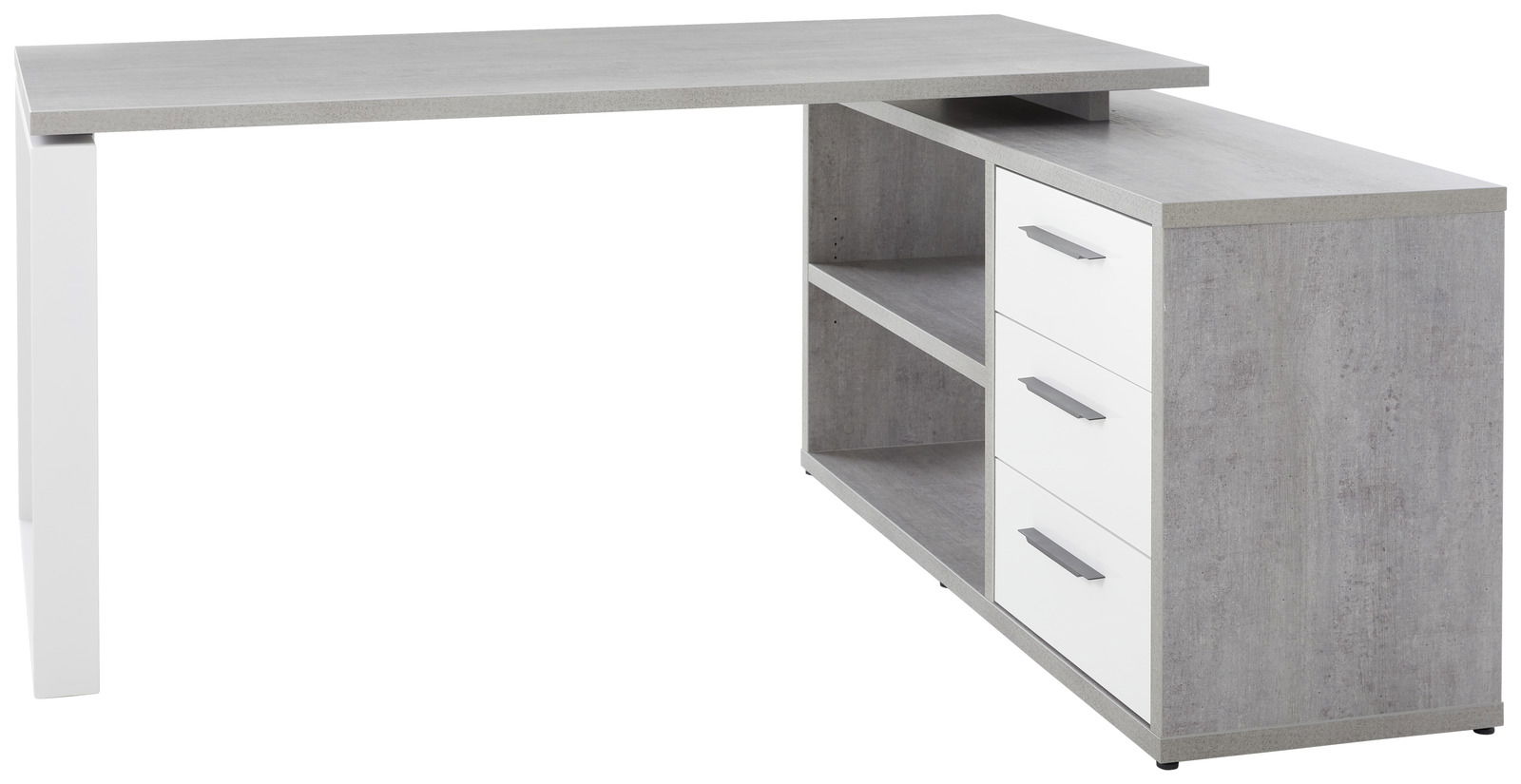 XORA Eckschreibtisch DIVINO Moderner Eckschreibtisch in Betonoptik mit weißen Schubladen und Regalfächern, seitliche Perspektive.
