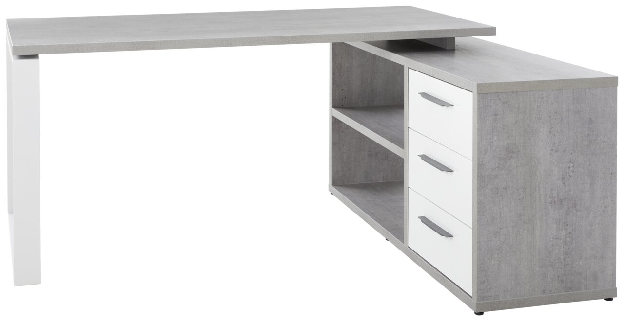 XORA Eckschreibtisch DIVINO Moderner Eckschreibtisch in Betonoptik mit weißen Schubladen und Regalfächern, seitliche Perspektive.