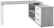 Moderner Eckschreibtisch in Betonoptik mit weißen Schubladen und Regalfächern, seitliche Perspektive.