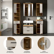 Frontale Ansicht eines modernen Badezimmermöbel-Sets in Holzoptik mit weißen Fronten: Waschbecken-Unterschrank mit zwei Schubladen, Spiegelschrank und zwei Hochschränke mit offenen Fächern, teils geöffnet; unten Detailansichten von Vollauszug-Schublade, v