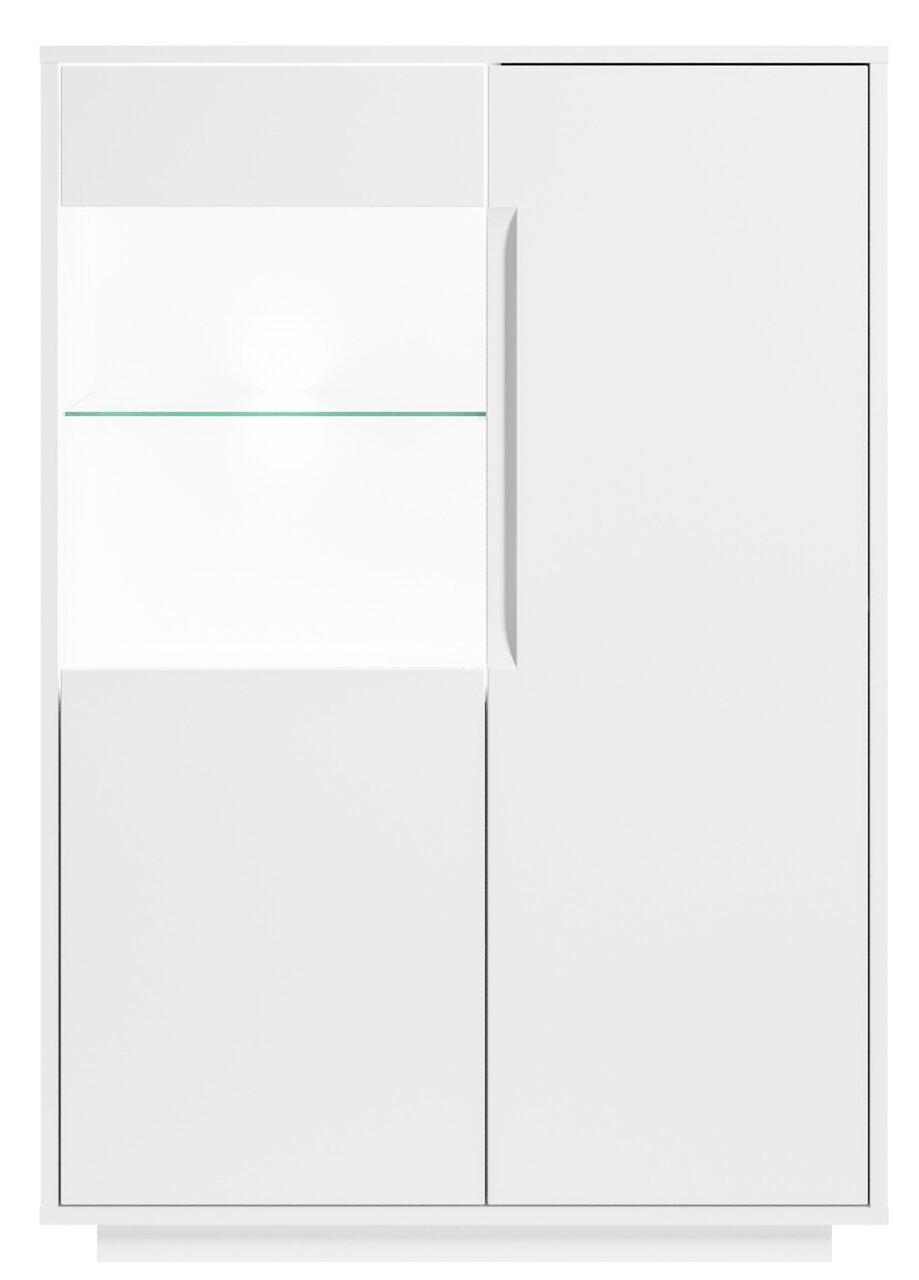 Weißes Highboard mit Glasregal, frontale Ansicht