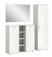 Garderobenkombination in Weiß mit einem hohen Schrank, einem Sideboard mit offenen Regalfächern und einem großen Wandspiegel, frontal betrachtet.