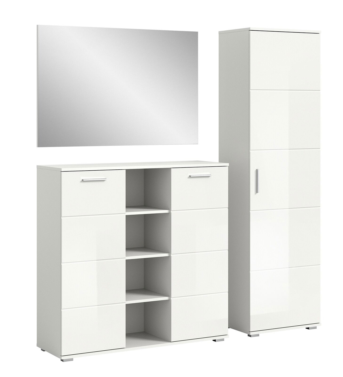 Garderobenkombination in Weiß mit einem hohen Schrank, einem Sideboard mit offenen Regalfächern und einem großen Wandspiegel, frontal betrachtet.