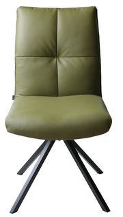 Moderner grüner Stuhl mit gepolsterter Rückenlehne und schwarzem Metallgestell, Frontalansicht