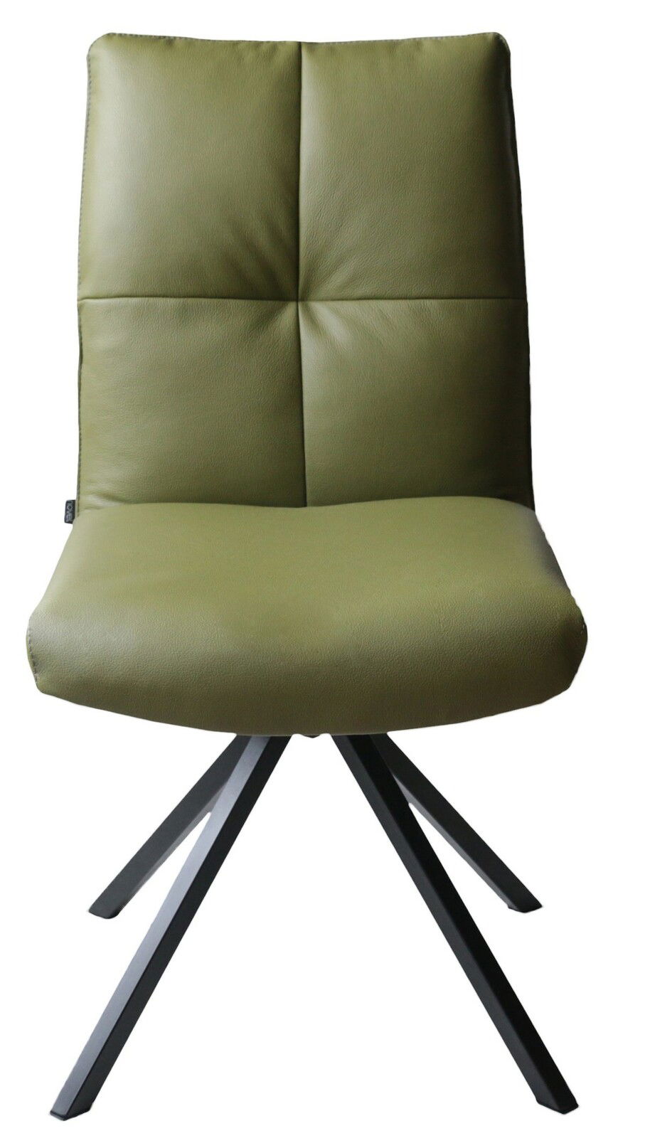 Moderner grüner Stuhl mit gepolsterter Rückenlehne und schwarzem Metallgestell, Frontalansicht