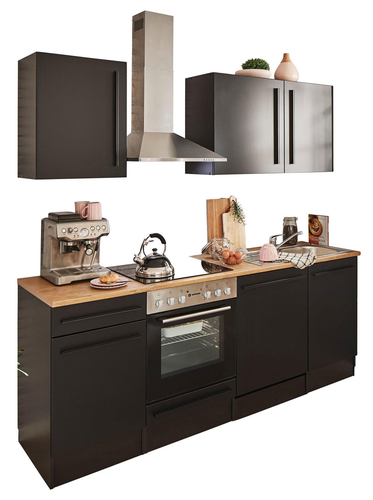 Yourkitchen Küchenblock 220 JAZZ Moderne Küchenzeile in schwarzem Design mit Holzarbeitsplatte, ausgestattet mit Herd, Dunstabzugshaube und Hängeschränken, seitliche Perspektive.