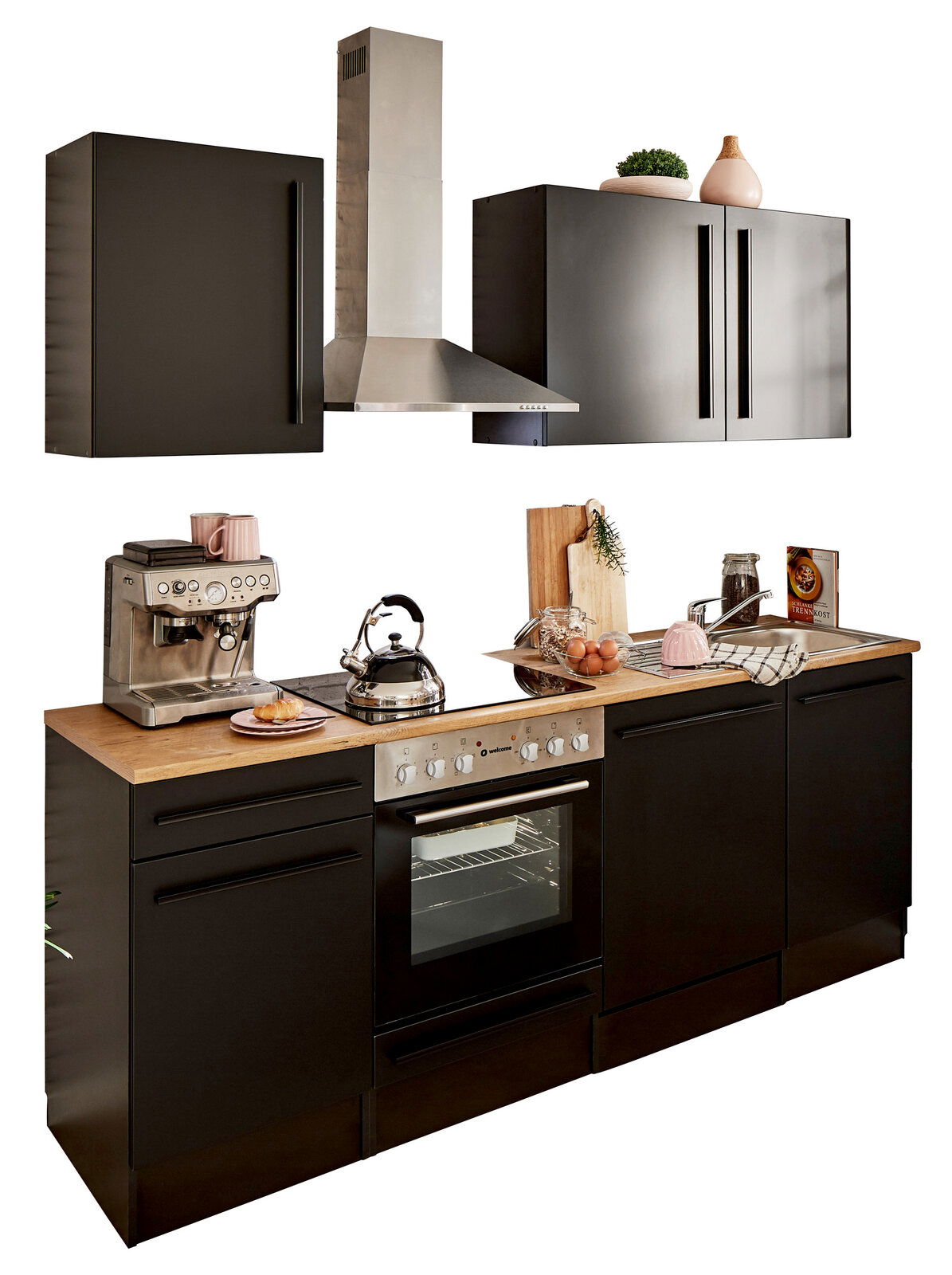 Yourkitchen Küchenblock 220 JAZZ Moderne Küchenzeile in schwarzem Design mit Holzarbeitsplatte, ausgestattet mit Herd, Dunstabzugshaube und Hängeschränken, seitliche Perspektive.