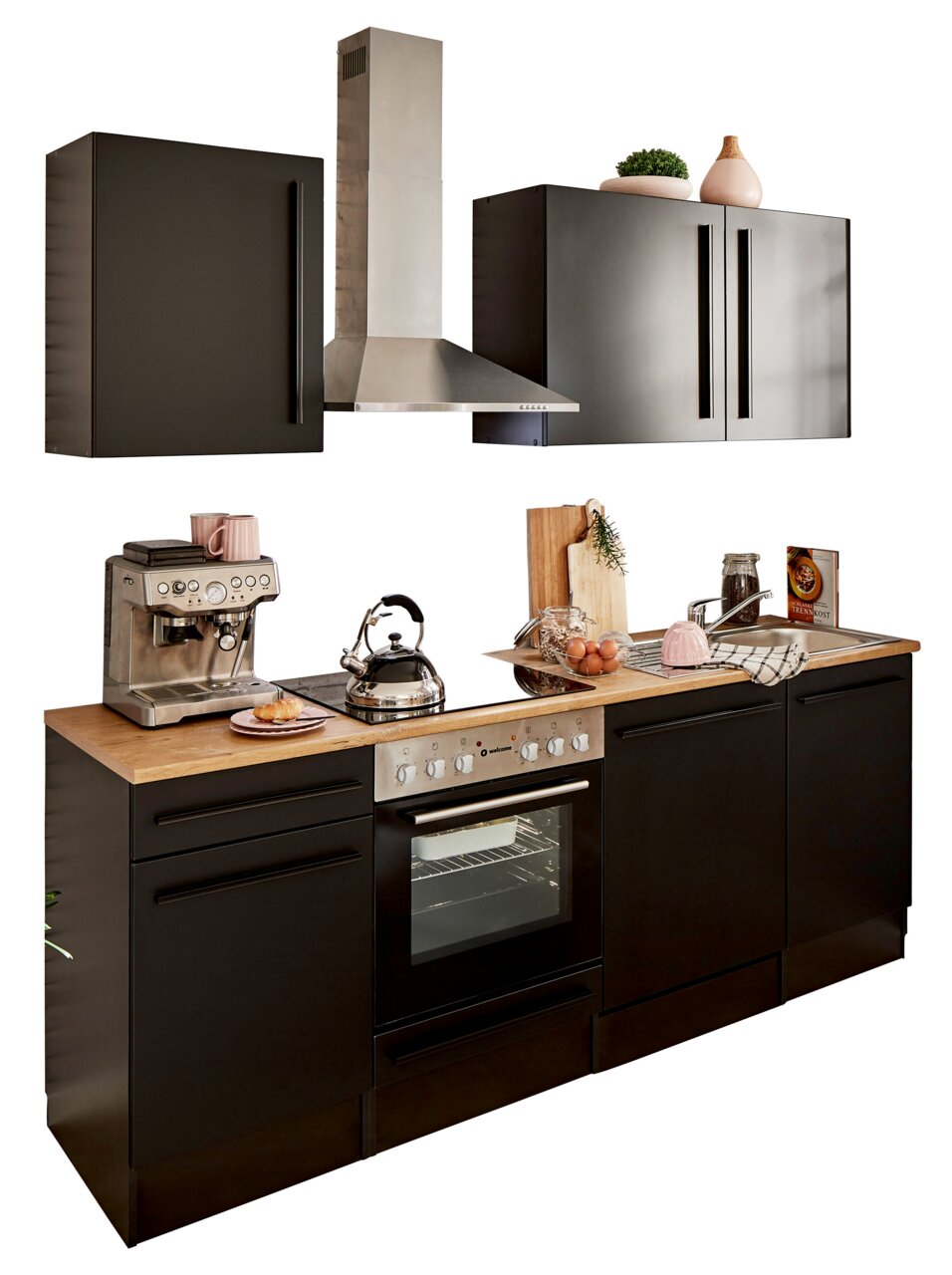 Yourkitchen Küchenblock 220 JAZZ Moderne Küchenzeile in schwarzem Design mit Holzarbeitsplatte, ausgestattet mit Herd, Dunstabzugshaube und Hängeschränken, seitliche Perspektive.