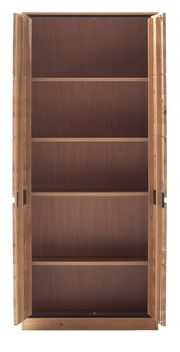 Offener Aktenschrank aus Holz mit zwei Türen und mehreren Regalböden, frontal betrachtet.