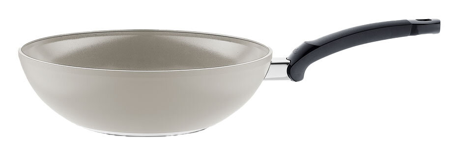 Seitliche Ansicht einer 28cm Wokpfanne mit ergonomischem Griff, ideal für asiatische Gerichte.