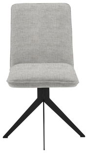 Moderner Stuhl mit grauem Stoffbezug und schwarzem Metallgestell, Frontalansicht