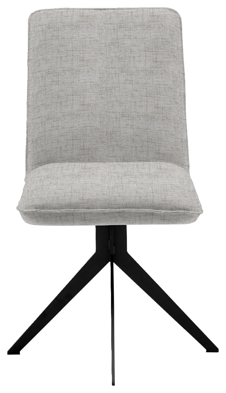 Moderner Stuhl mit grauem Stoffbezug und schwarzem Metallgestell, Frontalansicht