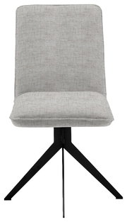 Moderner Stuhl mit grauem Stoffbezug und schwarzem Metallgestell, Frontalansicht